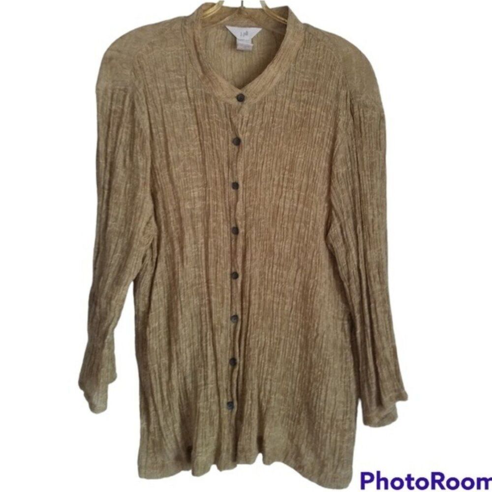 J. Jill Gold Ruched Button Up Semi Sheer Blouse Size XL